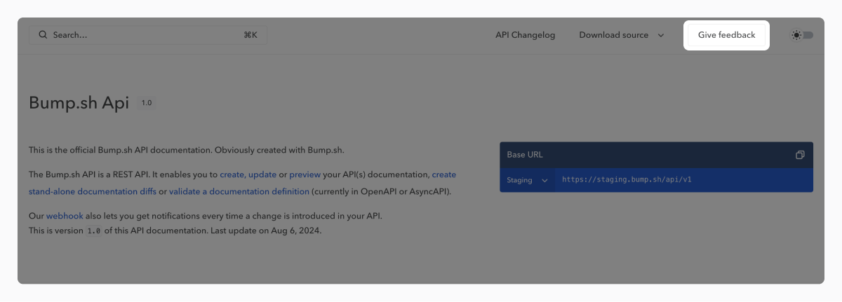 Screenshot of an example API Documentation on Bump.sh, with the Give feedback button highlighted at the top right of the screen.